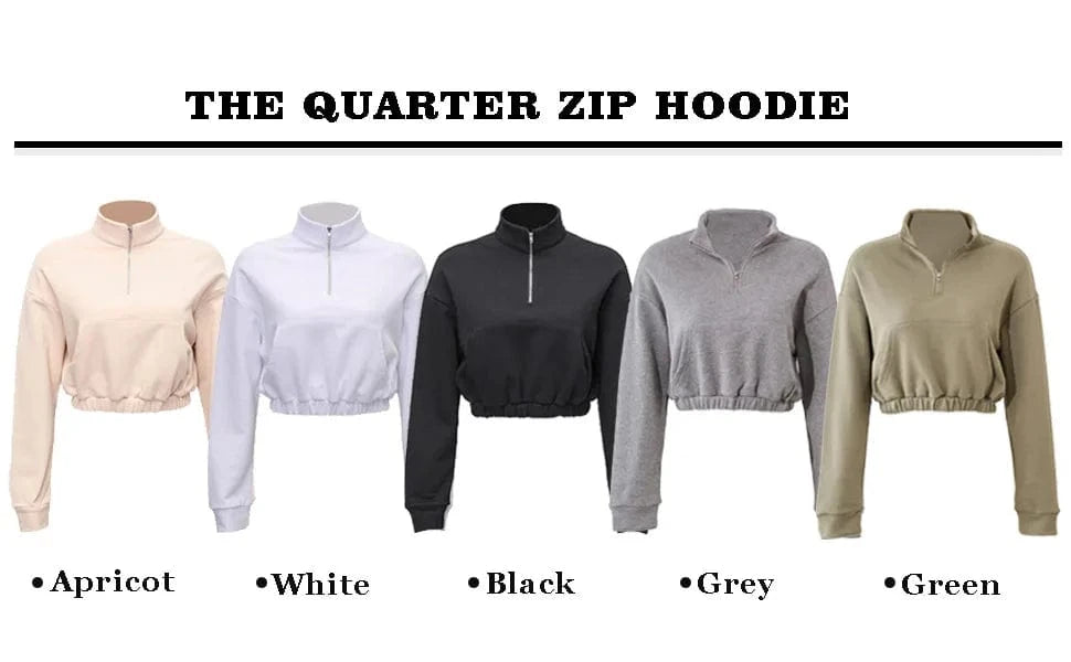 Quarter Zip Neck Cropped Sweatshirts Cotton Elastic Hem Yoga Fitness Crop top hoodies for Women