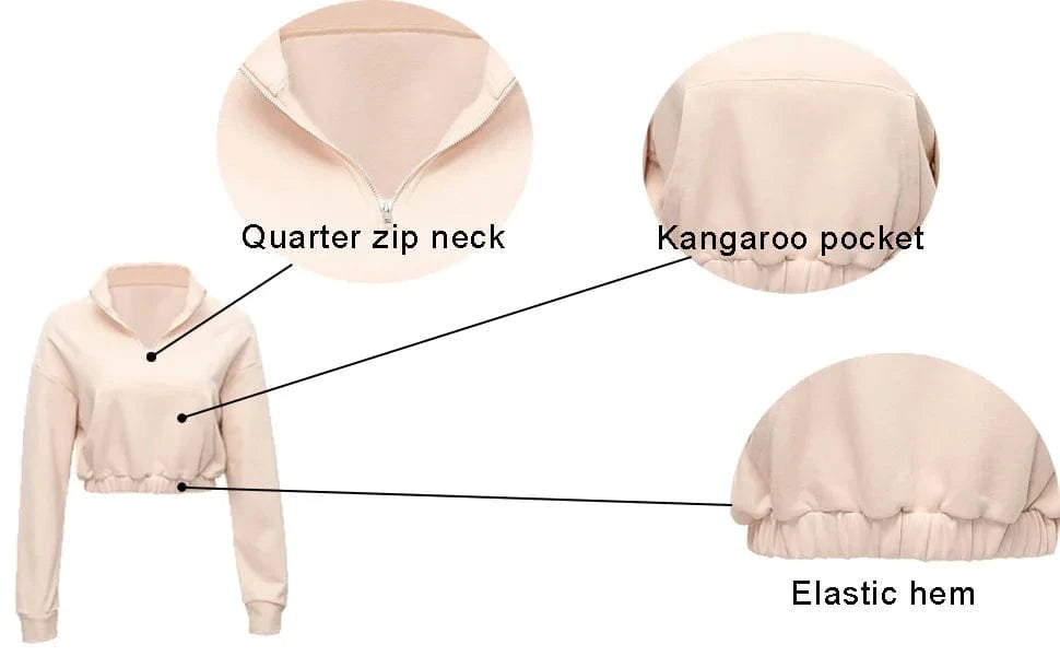 Quarter Zip Neck Cropped Sweatshirts Cotton Elastic Hem Yoga Fitness Crop top hoodies for Women