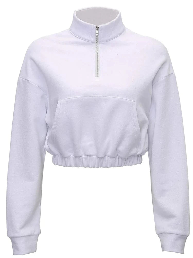 Quarter Zip Neck Cropped Sweatshirts Cotton Elastic Hem Yoga Fitness Crop top hoodies for Women