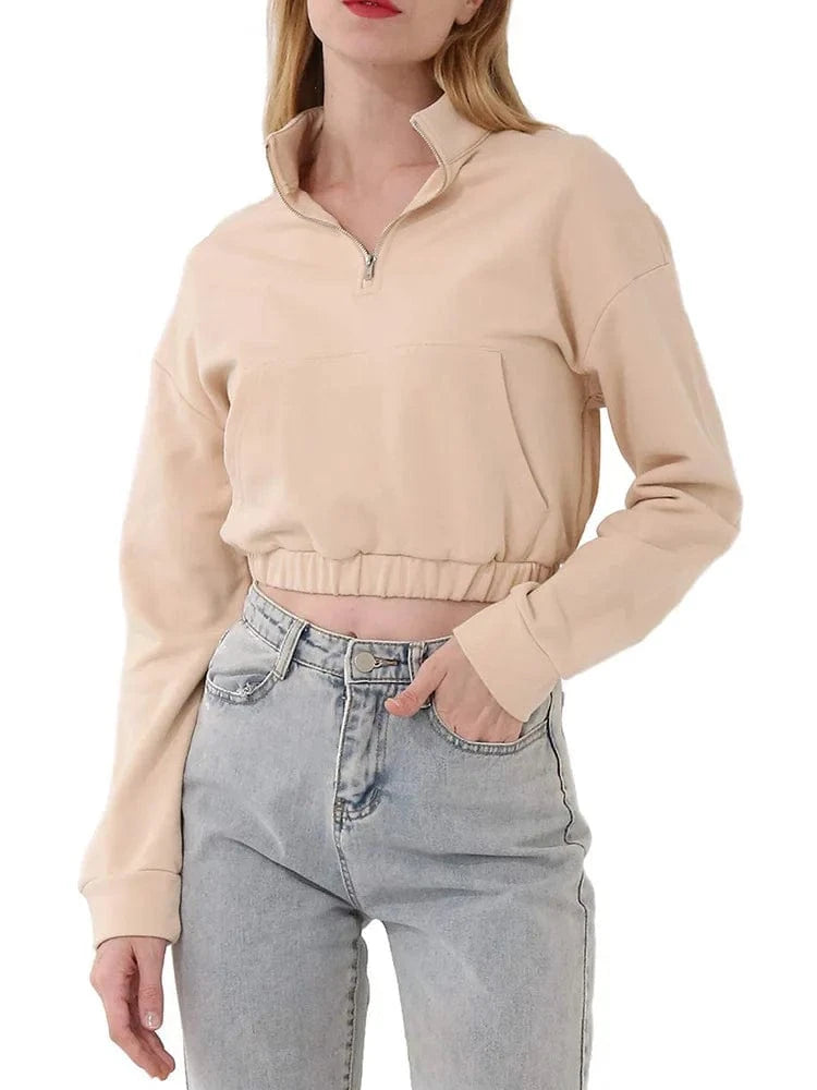 Quarter Zip Neck Cropped Sweatshirts Cotton Elastic Hem Yoga Fitness Crop top hoodies for Women