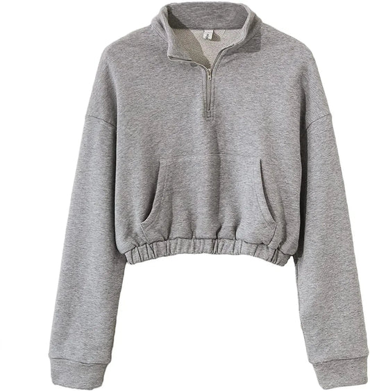 Quarter Zip Neck Cropped Sweatshirts Cotton Elastic Hem Yoga Fitness Crop top hoodies for Women