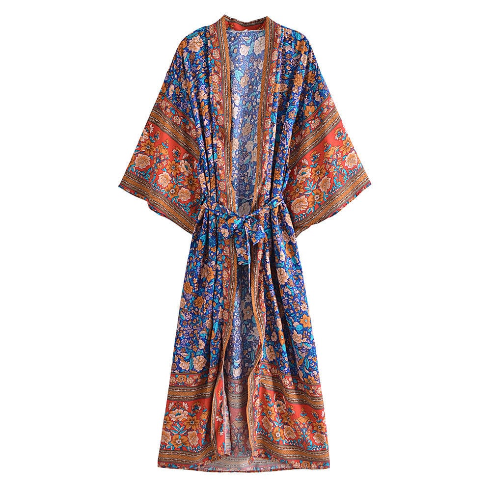 Queens Women Multi Floral Print Sashes Beach Bohemian Kimono Ladies V Neck Sleeves Maxi Robe Boho Bikini Cover-up