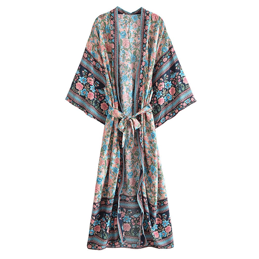 Queens Women Multi Floral Print Sashes Beach Bohemian Kimono Ladies V Neck Sleeves Maxi Robe Boho Bikini Cover-up