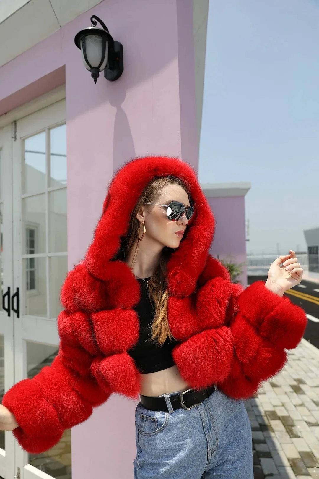 Quick Shipping deep hood fox fur zipper women winter real fur coat wholesale