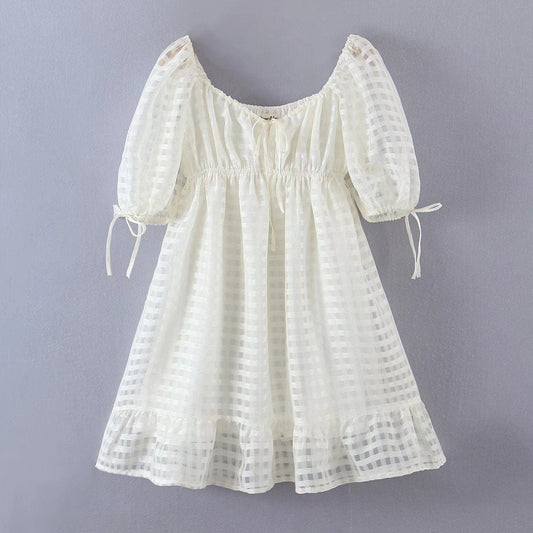 R13638S Women's new European and American bow chiffon plaid puff sleeve princess dress