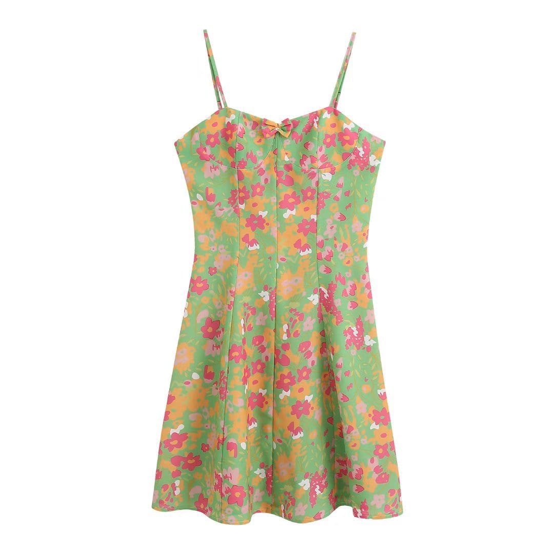 R13639S Women's spring new European and American fashion floral print sexy backless suspender dress