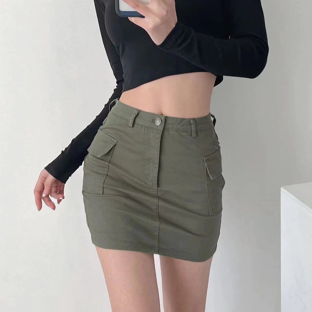 R13688S Women's spring new European and American fashion solid color side pocket elastic slim short skirt