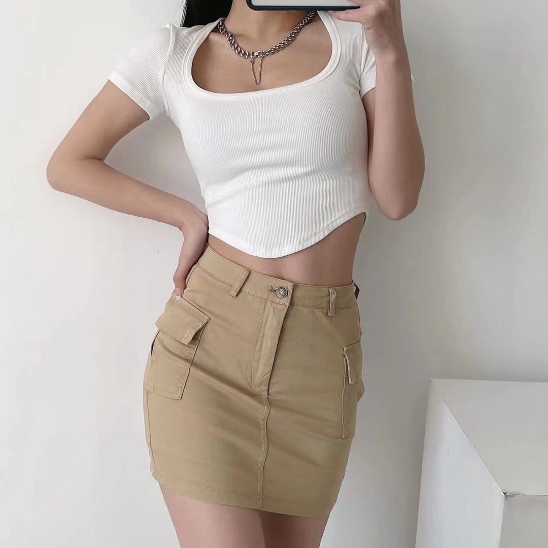 R13688S Women's spring new European and American fashion solid color side pocket elastic slim short skirt