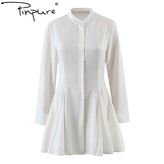 R20066S Women's new spring fashion solid color shirt-style single-breasted casual dress short skirt