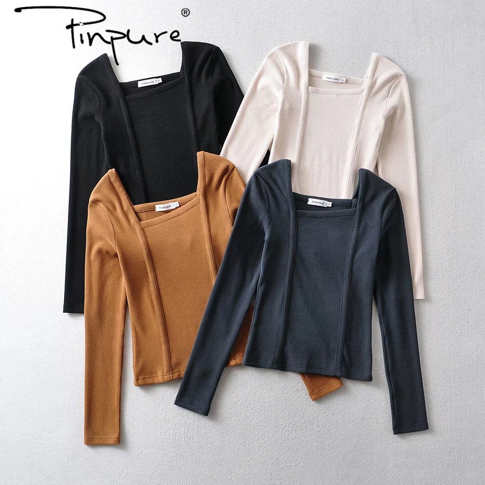 R20122S Women's fashion solid color front pressure line asymmetric front collar bottoming top knitted shirt tops