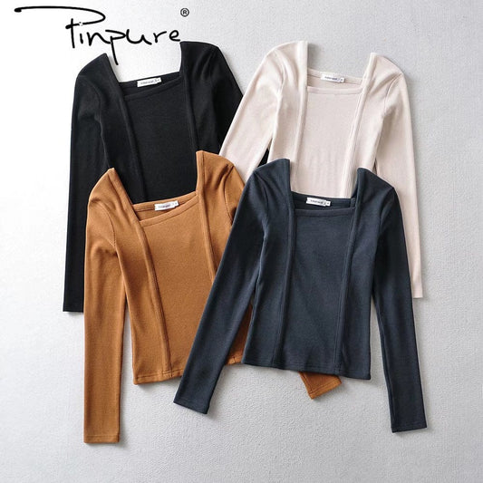 R20122S Women's fashion solid color front pressure line asymmetric front collar bottoming top knitted shirt tops
