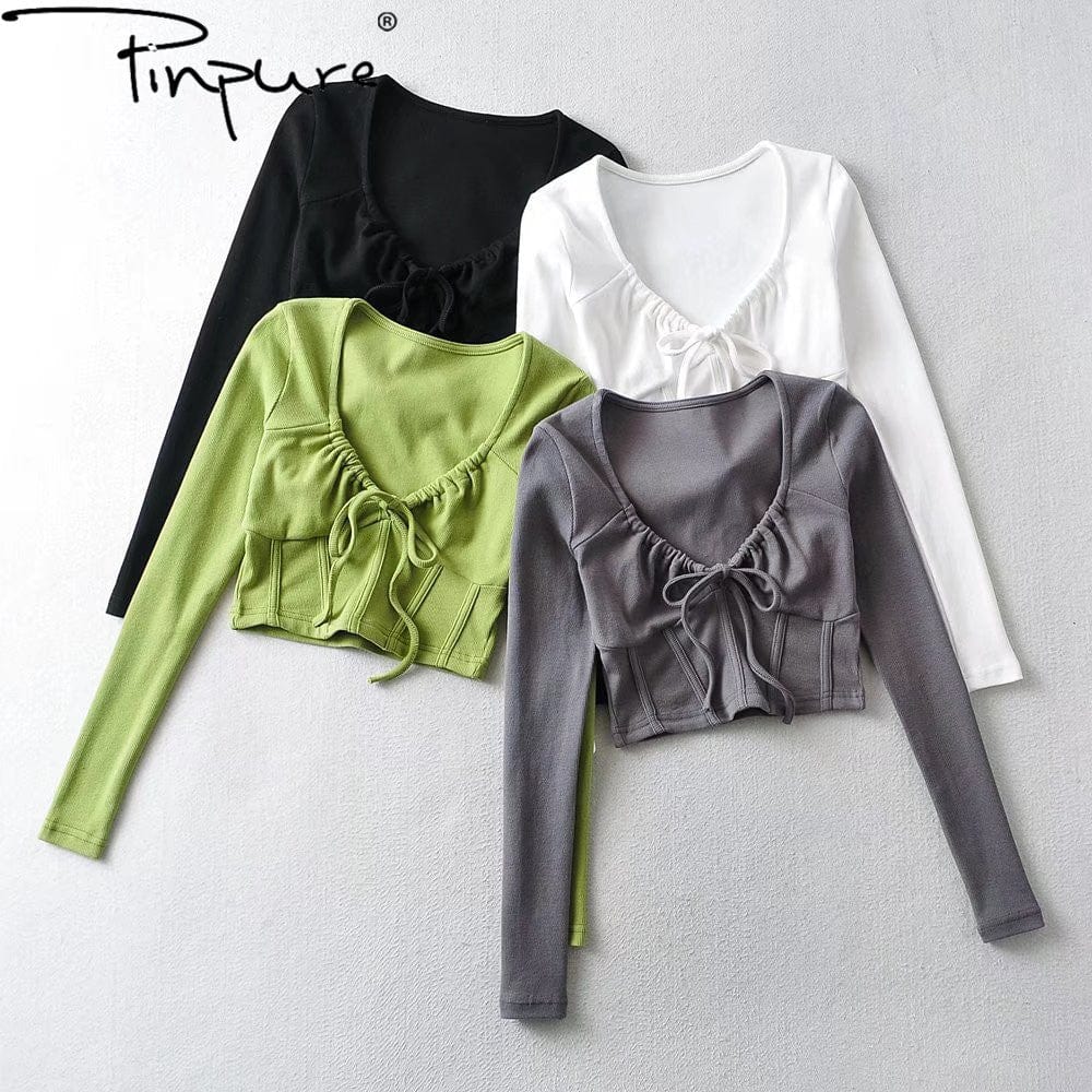 R20129S 2022 New design women's fashion solid color slim short drawstring fishbone stickers long-sleeved T-shirt