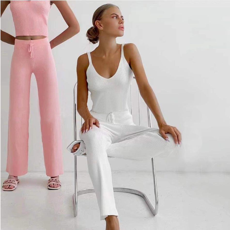 R30385S 2022 Summer Casual Knit Suit Sexy Sling Sleeveless Short Tank Top Sweater suit High Waist Straight Pants 2 Piece Set