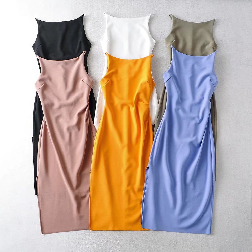 R40128S good quality women's fashion solid color one-shoulder high split slim dress for party