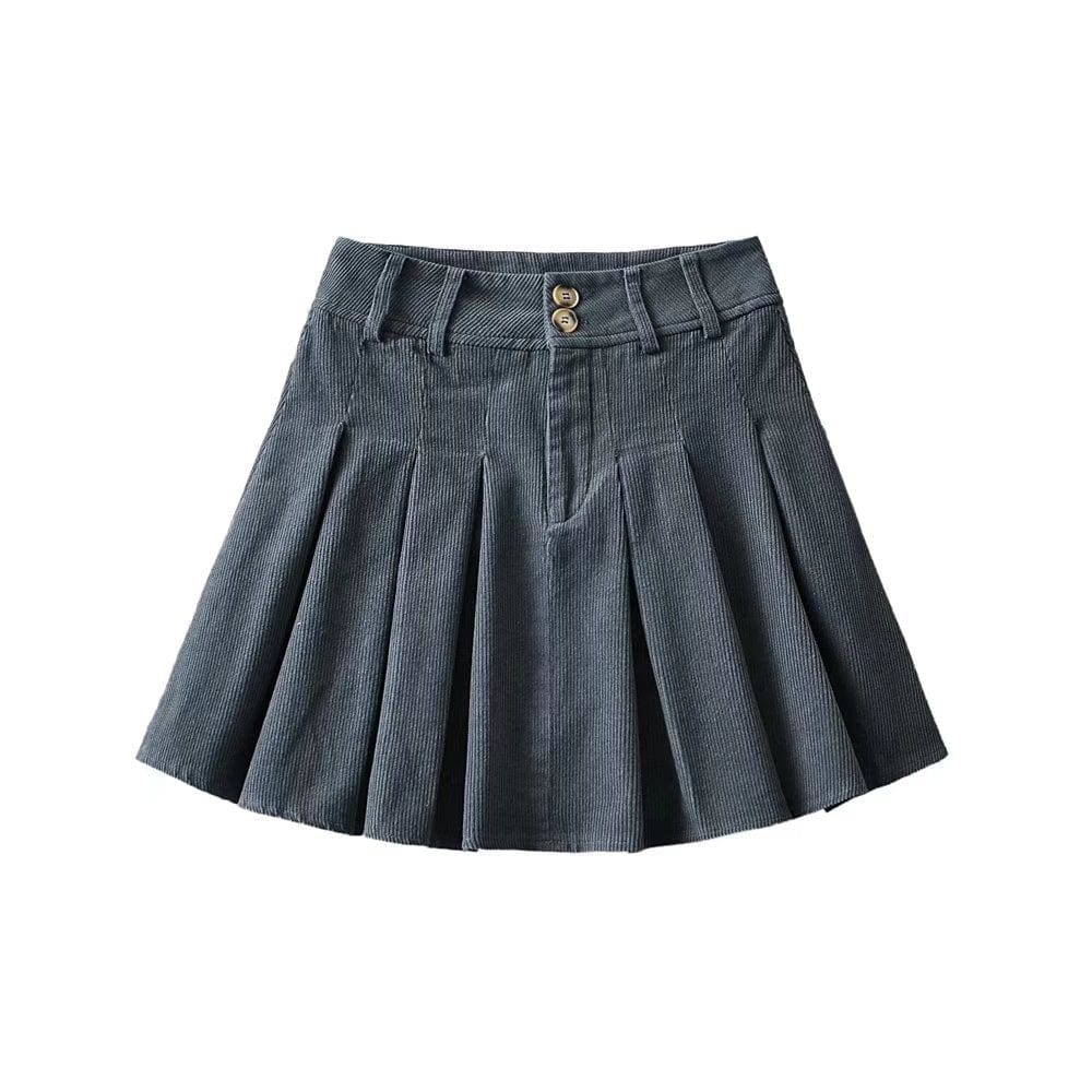 R41547S women's high waist 2 button corduroy pleated skirt