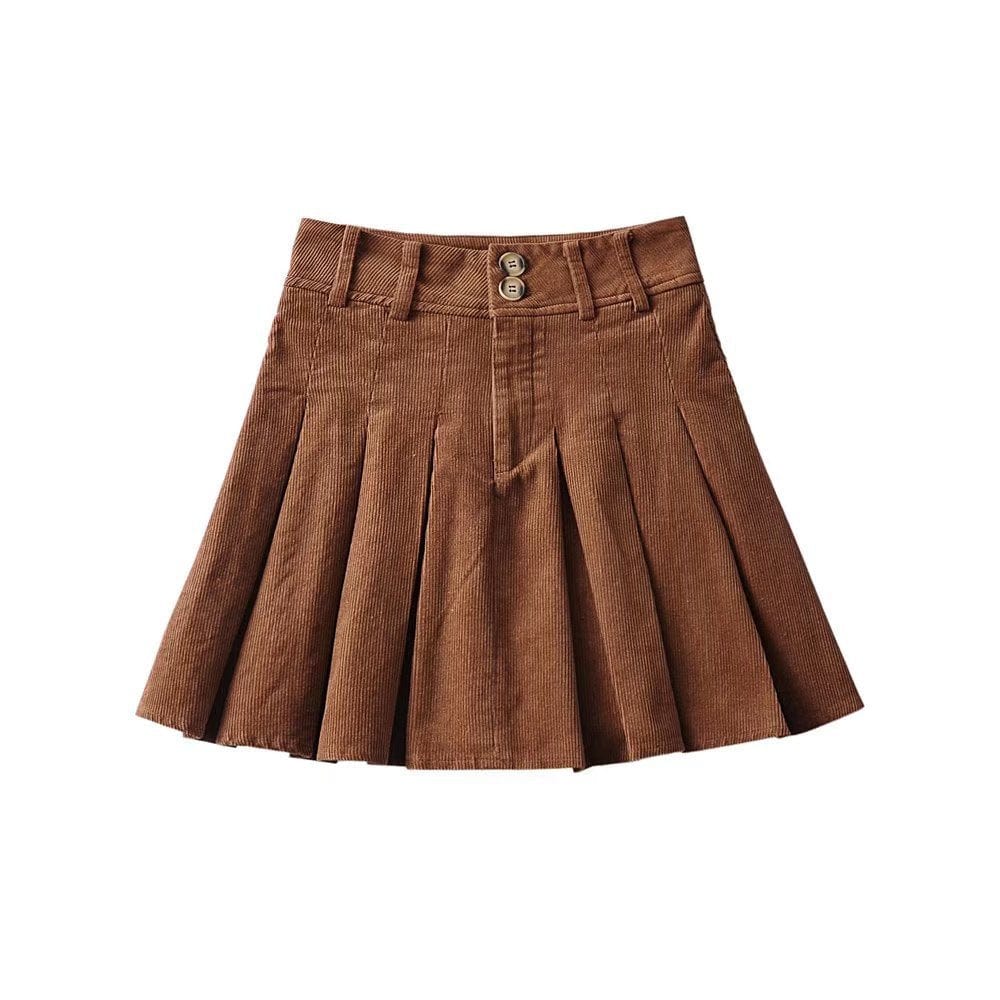 R41547S women's high waist 2 button corduroy pleated skirt