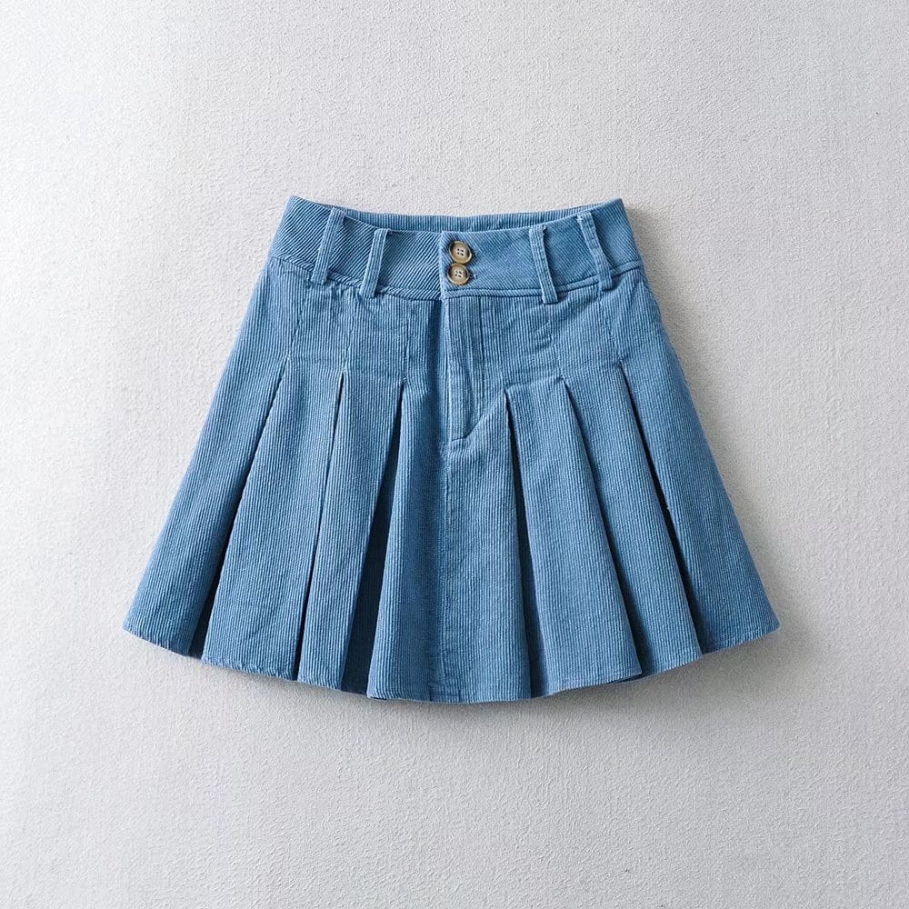 R41547S women's high waist 2 button corduroy pleated skirt