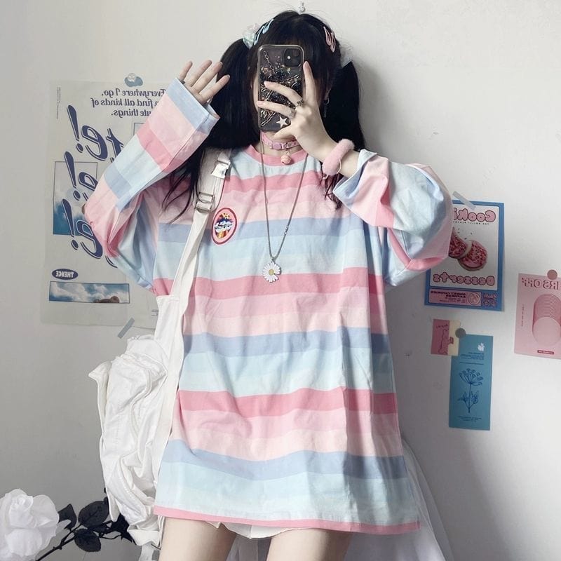 Rainbow Funny T Shirts Women Embroidery Striped Long Sleeve Shirt Cute Tops Spring Ladies Clothes 2022 Fashion Kpop New