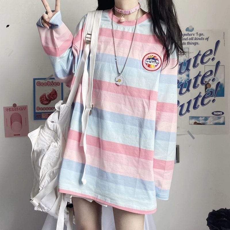 Rainbow Funny T Shirts Women Embroidery Striped Long Sleeve Shirt Cute Tops Spring Ladies Clothes 2022 Fashion Kpop New