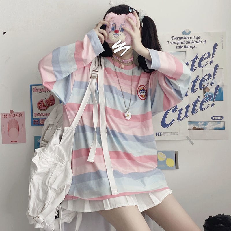 Rainbow Funny T Shirts Women Embroidery Striped Long Sleeve Shirt Cute Tops Spring Ladies Clothes 2022 Fashion Kpop New