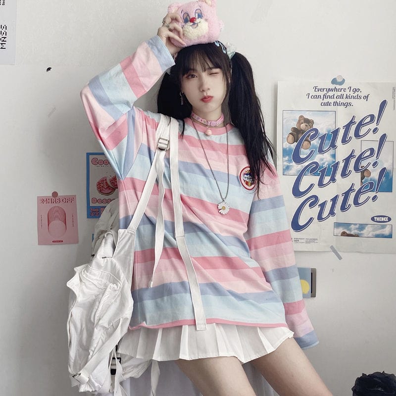 Rainbow Funny T Shirts Women Embroidery Striped Long Sleeve Shirt Cute Tops Spring Ladies Clothes 2022 Fashion Kpop New