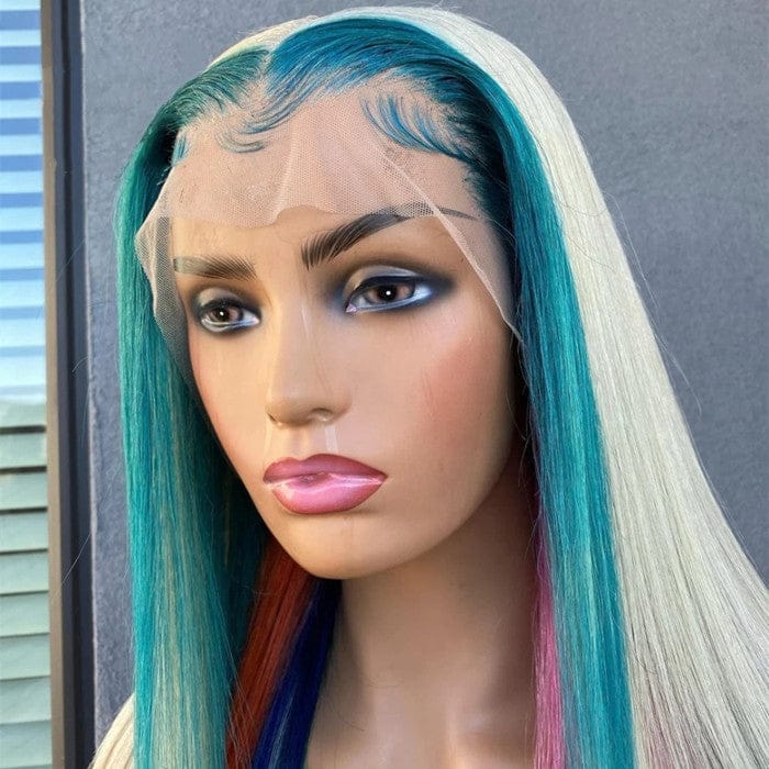 Rainbow Lace Front Wig European Virgin Hair Silky Straight 613 Rainbow Colorful Glueless HD Transparent Wigs