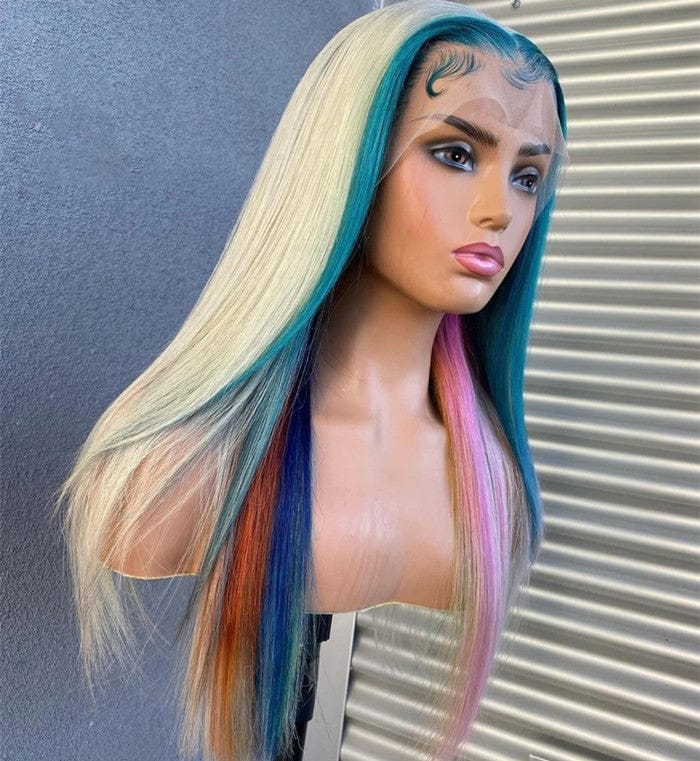Rainbow Lace Front Wig European Virgin Hair Silky Straight 613 Rainbow Colorful Glueless HD Transparent Wigs