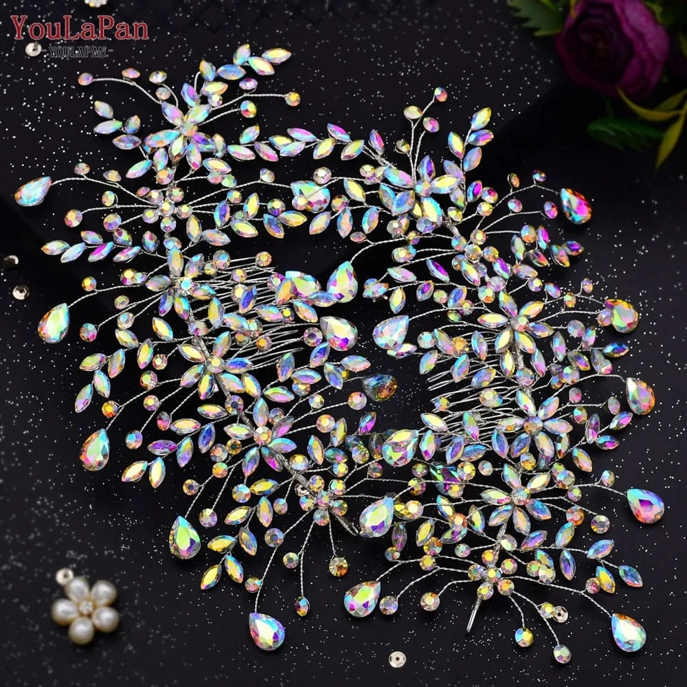 rainbow-pais Youlapan HP379-S Pair of Handmade Rhinestone Flower Hair Combs Shiny Pageant Wedding Side Hair Accessories Bridal Hairpieces