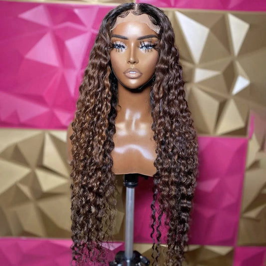 Raw Virgin Hair Wig Brown Highlight Color Deep Curly Pre Plucked With Baby Hair Cuticle Aligned Lace Front Wig