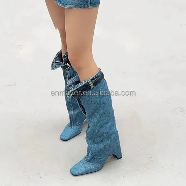 Ready To Ship Cowboy Winter Boots Back Leather Cross Buckle Strap Knee High Shoes Wedge Heel Women's Fashion Boots