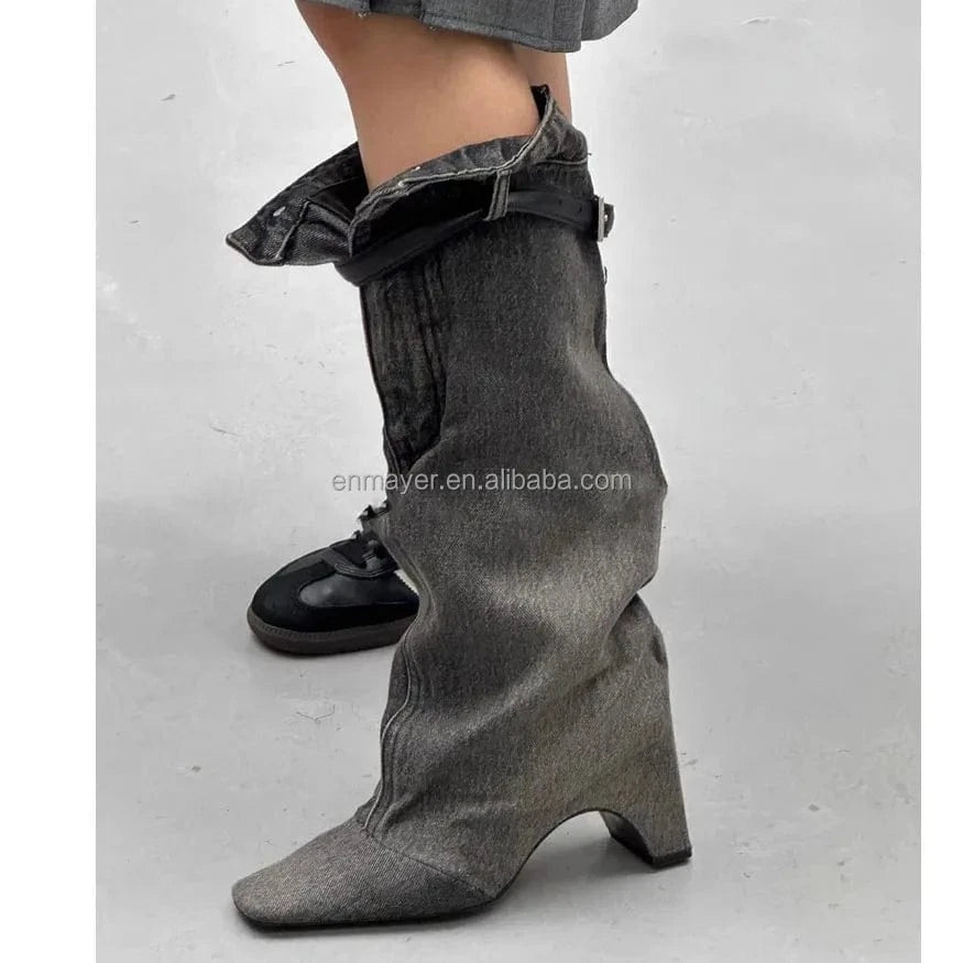 Ready To Ship Cowboy Winter Boots Back Leather Cross Buckle Strap Knee High Shoes Wedge Heel Women's Fashion Boots