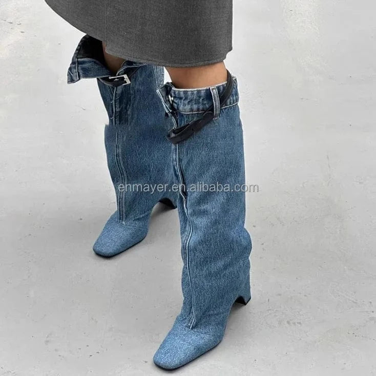Ready To Ship Cowboy Winter Boots Back Leather Cross Buckle Strap Knee High Shoes Wedge Heel Women's Fashion Boots