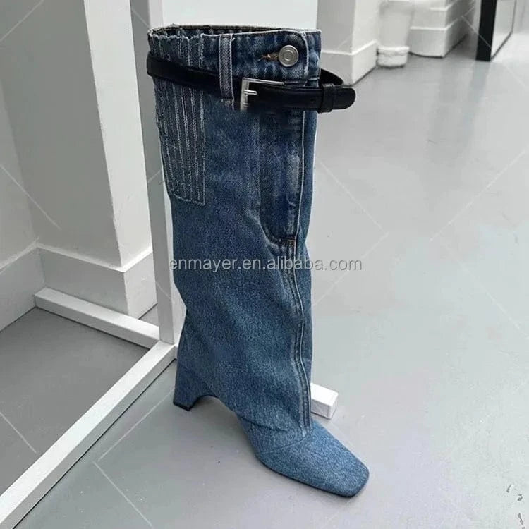 Ready To Ship Cowboy Winter Boots Back Leather Cross Buckle Strap Knee High Shoes Wedge Heel Women's Fashion Boots