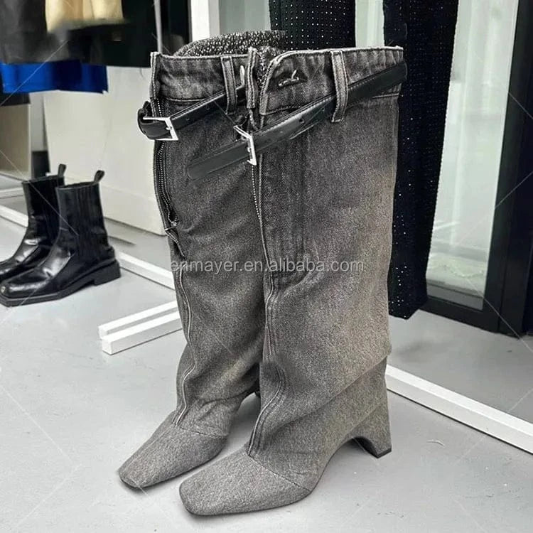 Ready To Ship Cowboy Winter Boots Back Leather Cross Buckle Strap Knee High Shoes Wedge Heel Women's Fashion Boots