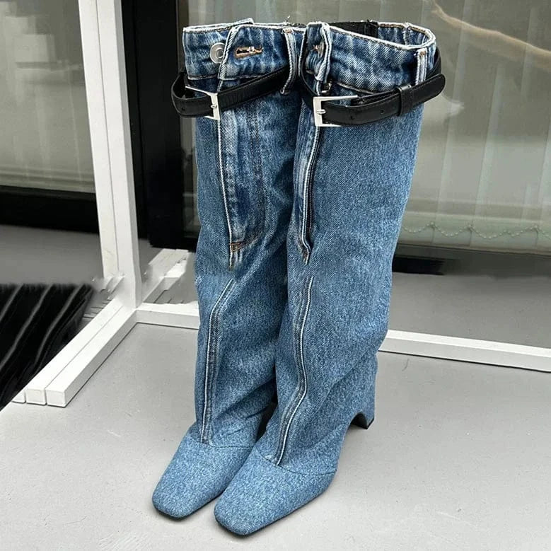 Ready To Ship Cowboy Winter Boots Back Leather Cross Buckle Strap Knee High Shoes Wedge Heel Women's Fashion Boots