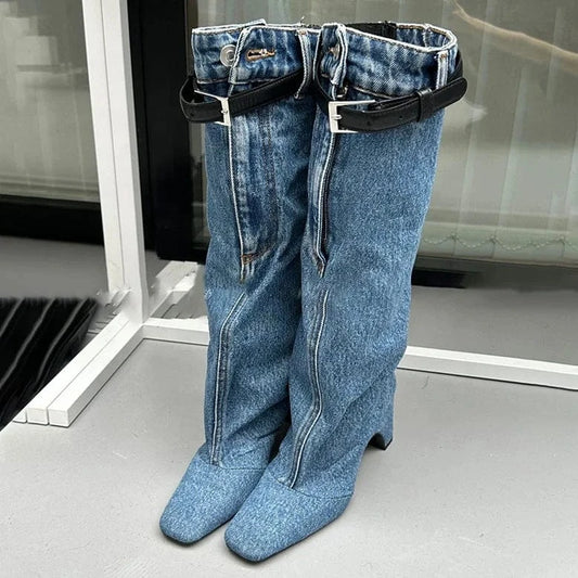 Ready To Ship Cowboy Winter Boots Back Leather Cross Buckle Strap Knee High Shoes Wedge Heel Women's Fashion Boots