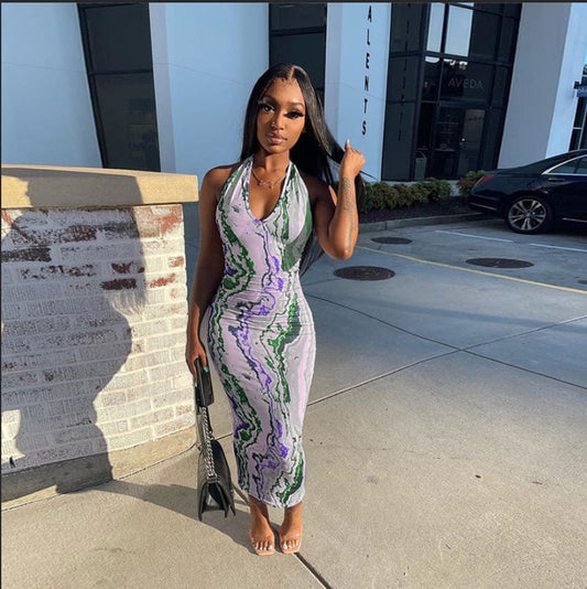 Ready To Ship S-3Xl Summer Sleeveless Maxi Digital Print V Neck Bodycon Women Dresses