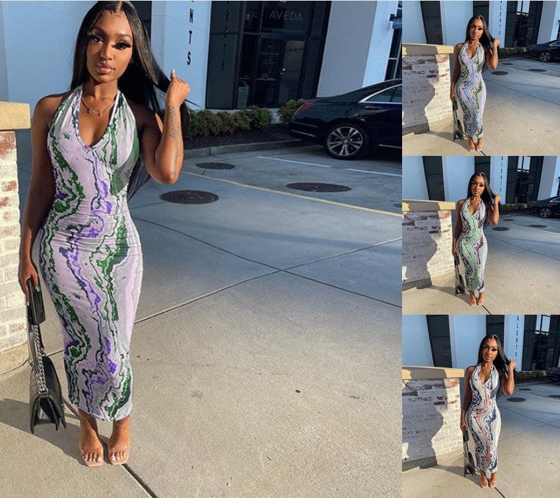 Ready To Ship S-3Xl Summer Sleeveless Maxi Digital Print V Neck Bodycon Women Dresses