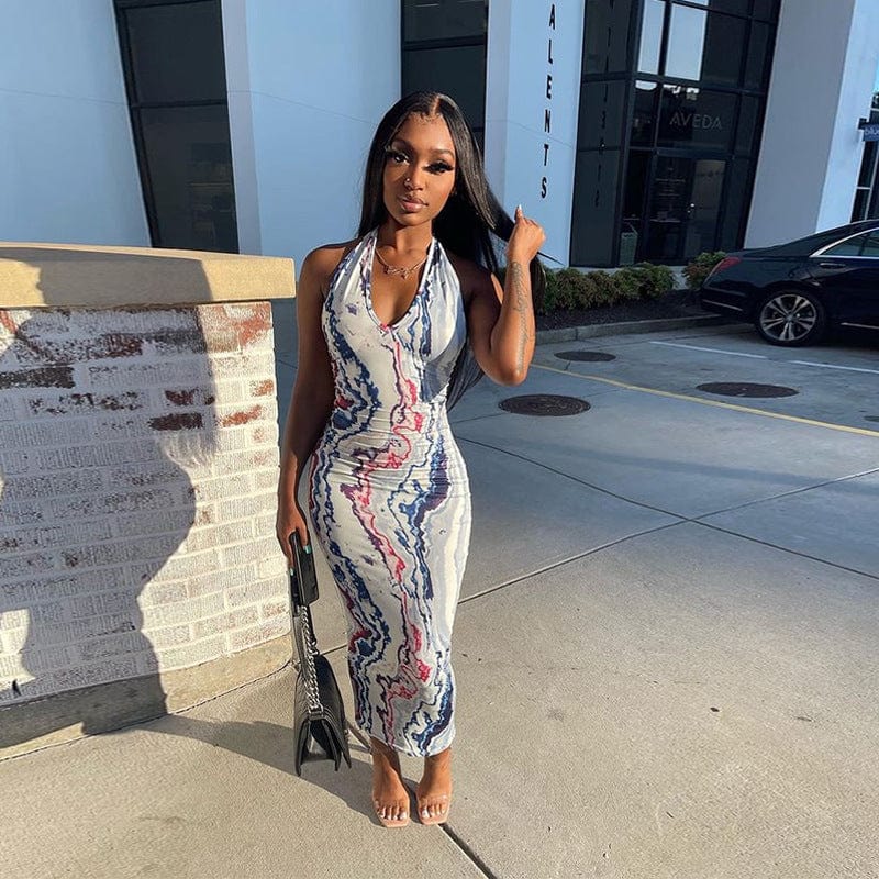 Ready To Ship S-3Xl Summer Sleeveless Maxi Digital Print V Neck Bodycon Women Dresses