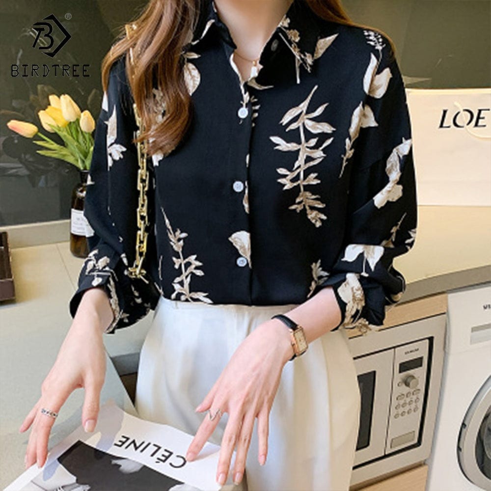 Ready to Ship Woman's Long Sleeve Floral Printing Shirts Elegant Casual Blouses Workwear Chiffon Shirt Tops For Spring Autumn