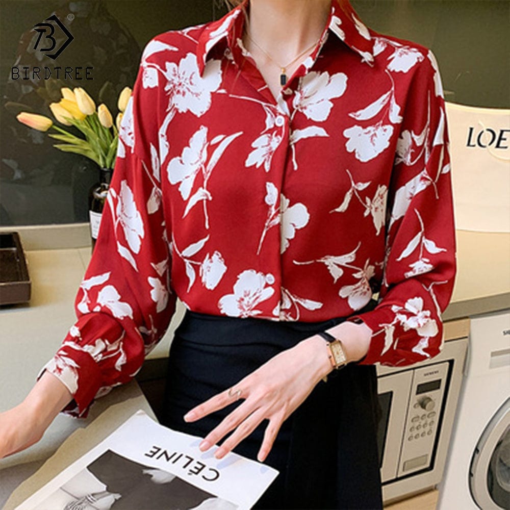 Ready to Ship Woman's Long Sleeve Floral Printing Shirts Elegant Casual Blouses Workwear Chiffon Shirt Tops For Spring Autumn