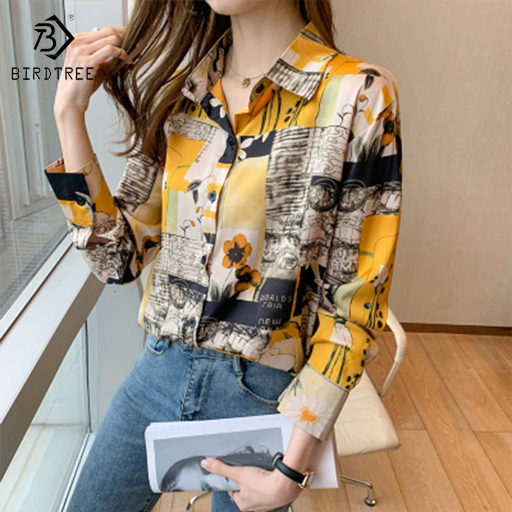 Real Shot Ready to Ship Woman Long Sleeve Shirts Elegant Printing Blouses Office Chiffon Shirt Tops For Spring Autumn