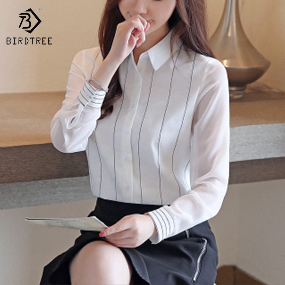 Real Shot Woman Long Sleeve Shirts Elegant Striped Workwear Office Slim  Chiffon Blouses Shirt Tops Autumn Custom Support