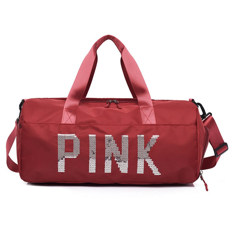 Red Cheap price high quality large capacity sequins letters pink sports gym bag custom logo gym bag with shoe compartment