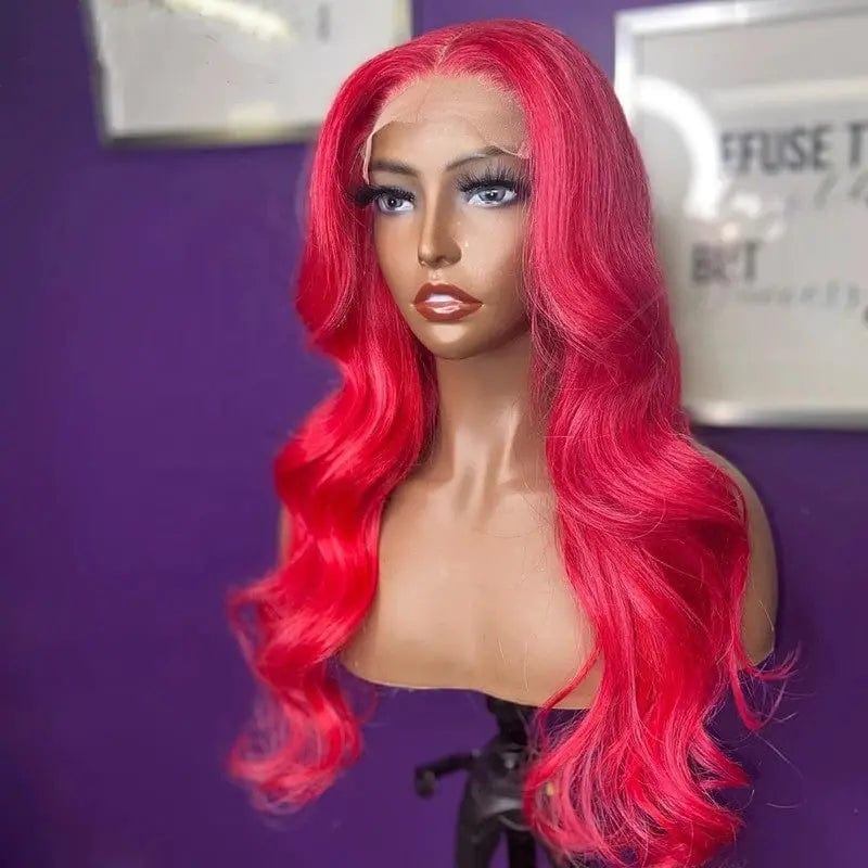 Red Color Body Wave Cuticle Aligned Virgin Pre-plucked 100% Human Hair 13*6 Lace Front Wig