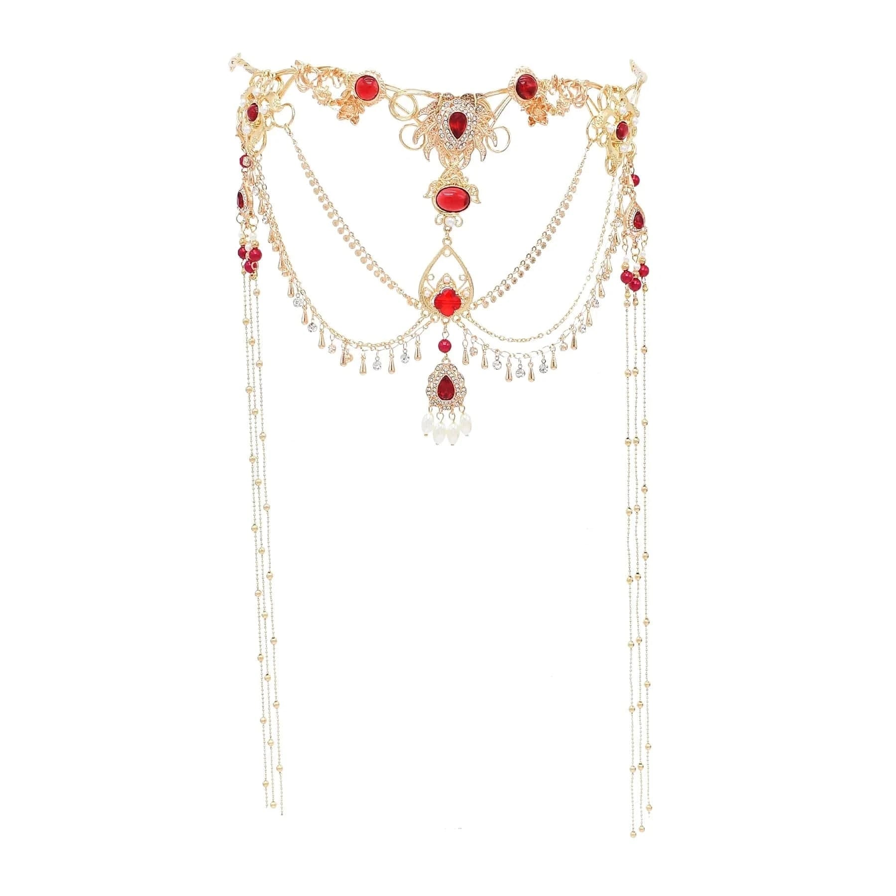 Red Crystal Beads Long Tassels Chinese Bridal Hair Accessories Crown Zircon Headwear Women's Party Jewelry Gifts