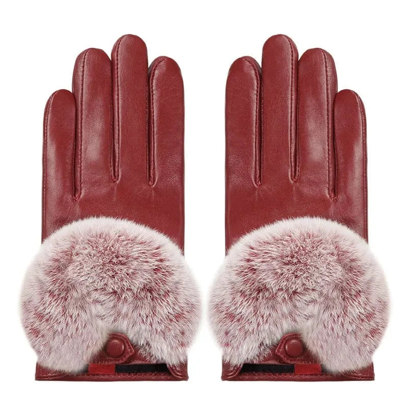 Red Custom design texting winter women real leather rex rabbit fur gloves