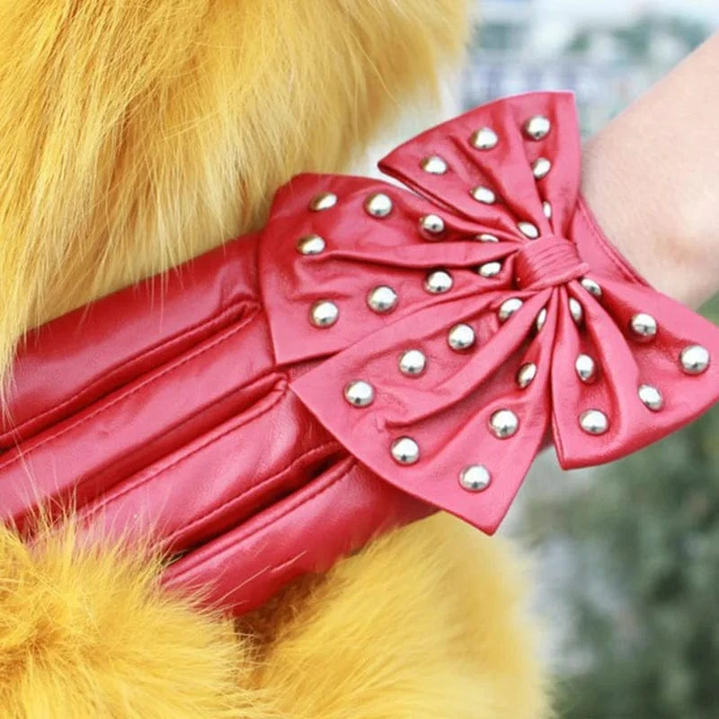 RED Cute texting Christmas gift women rivet Leather sheepskin gloves with bow