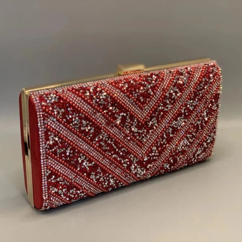 Red fashion chains unique sequin diamond clutch bag wholesale designer square clutch evening purse