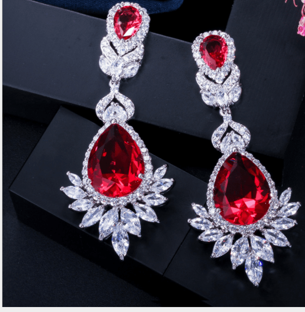 Red Fashion necklace earrings gold filled large sized zirconia jewelry sets bridal